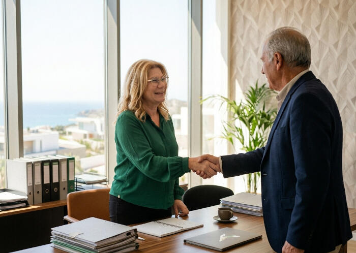 OneCall Solutions - Candid photo of Silvia organizing files or shaking hands with a client